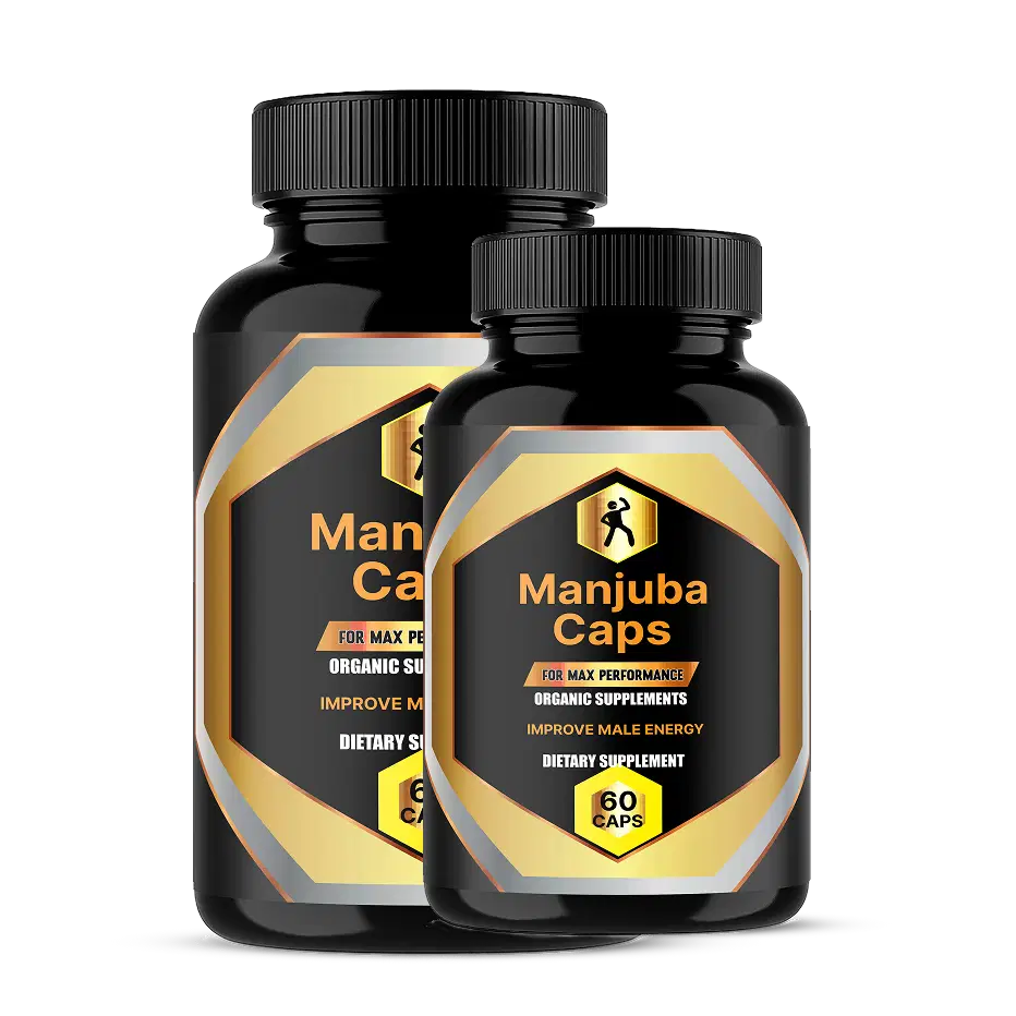 Two Manjuba Caps black bottles with gold label – natural prostate health supplement for men